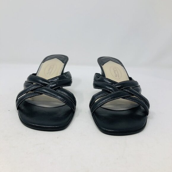 Talbots Sandal Womens 6B Black Leather Strappy Mid Kitten Heel Open Toe Slip On - Picture 2 of 12